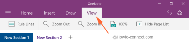 View tab of Windows 10 OneNote app