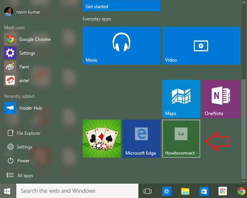 Web page is pinned to the Start Menu