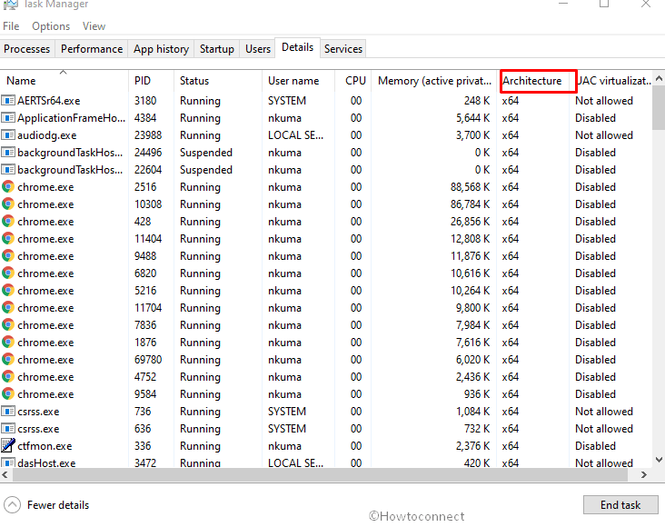 Windows 10 2009 20H2 Showing architecture in Task Manager