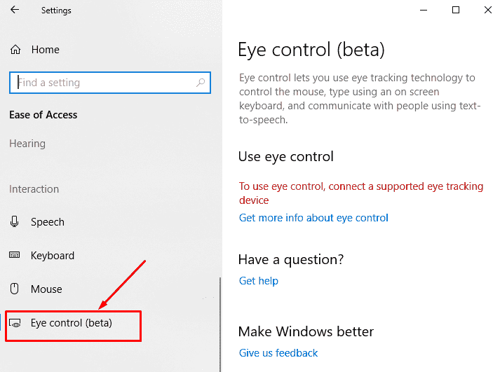 Windows 10 April 2018 Update Eye Control