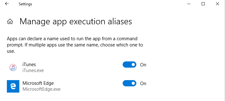 Windows 10 April 2018 Update Manage app execution aliases