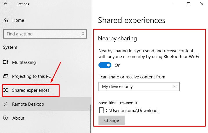 Windows 10 April 2018 Update nearby sharing