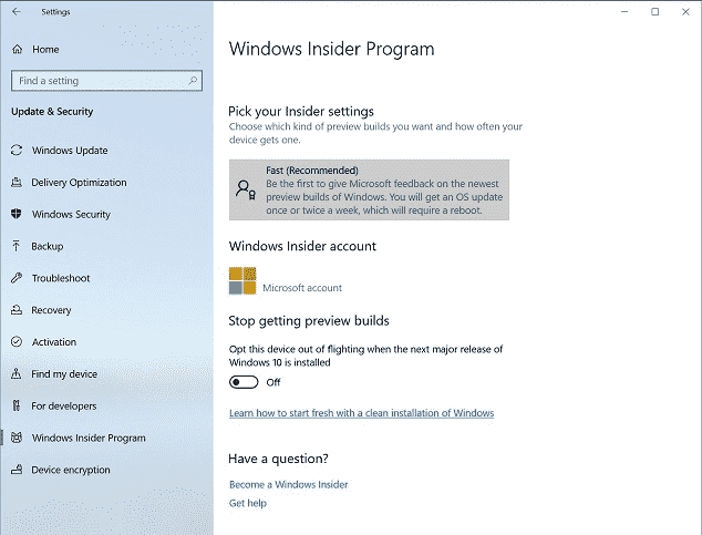 Windows 10 Build 18317 Details insider program settings
