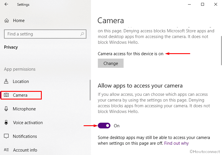 Windows 10 Camera not working - Check Privacy settings for Camera