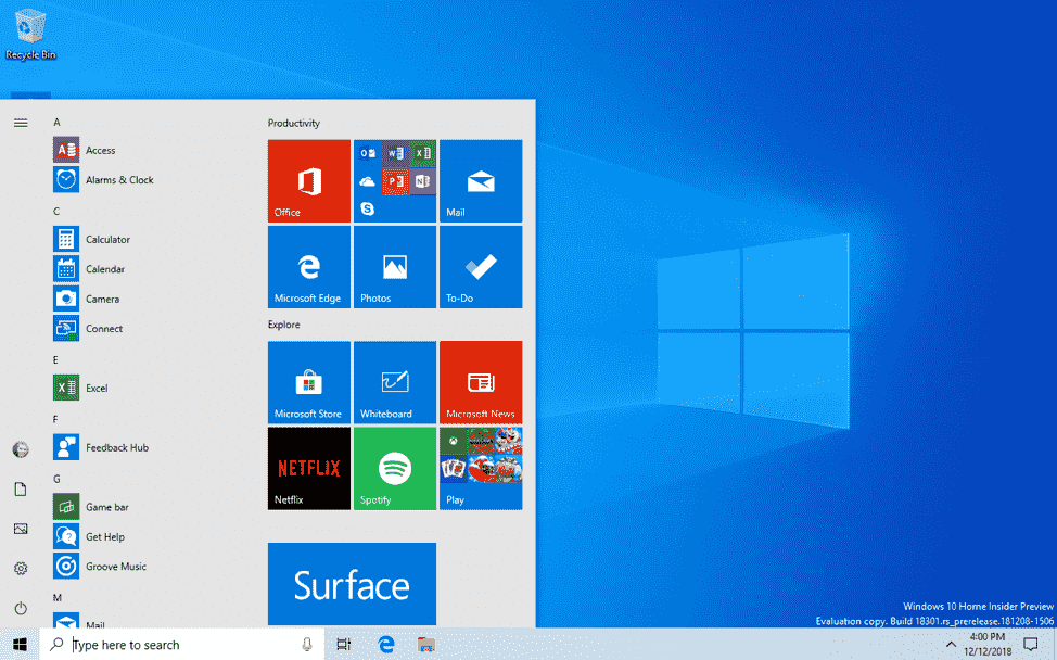 Windows 10 Insider Build 18305 (19H1) Changes Start menu layout