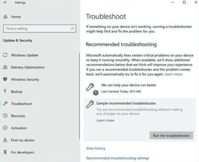 Windows 10 Insider Build 18305 (19H1) Changes sample recommended troubleshooter
