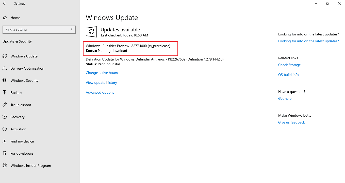 Windows 10 Insider Preview Build 18277 (19H1)