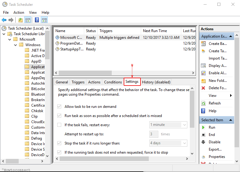 Windows 10 Task Scheduler settings menu