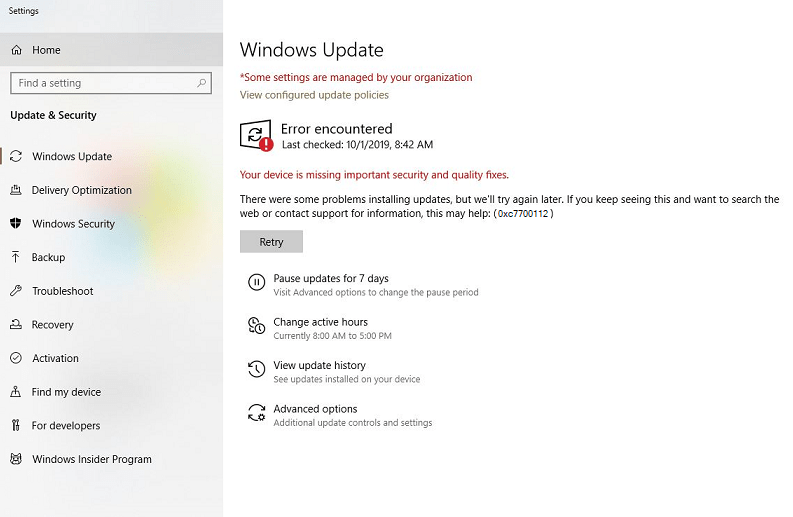 Windows 10 Update Error Code 0xc7700112