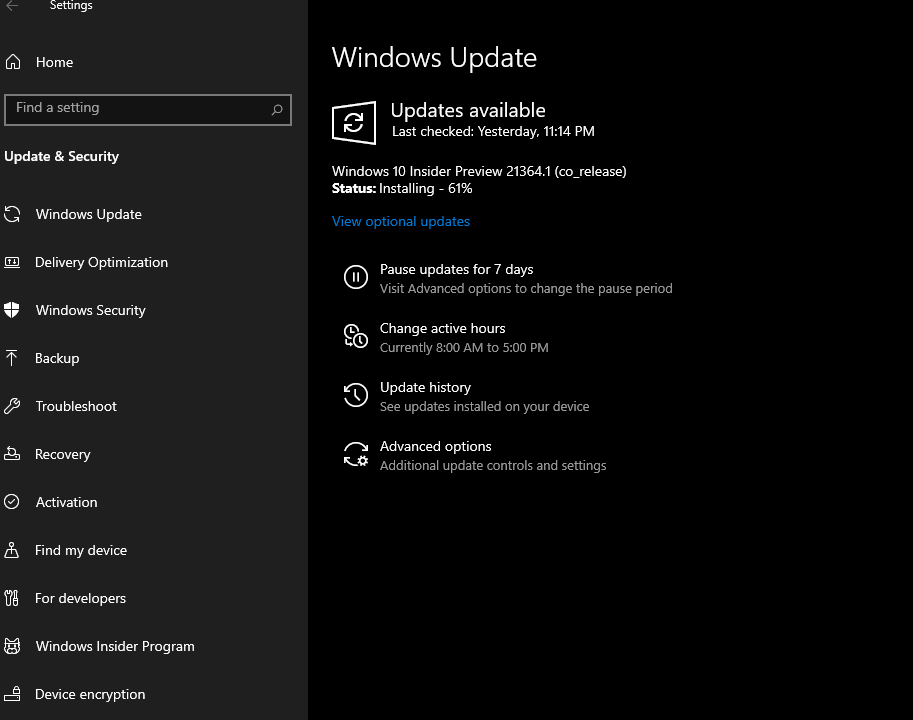 Windows 10 build 21364.1 CO_RELEASE