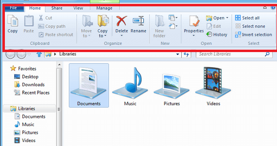 Windows 8 ribbon explorer panel showing