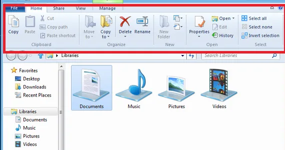 windows 8 ribbon explorer panel showing