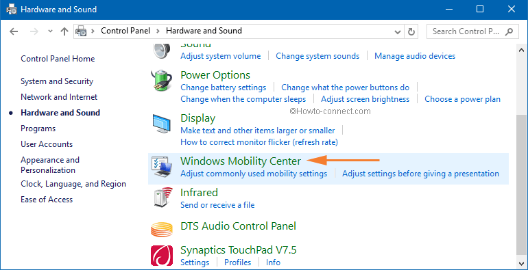 Windows Mobility Center option on hardware and sound window