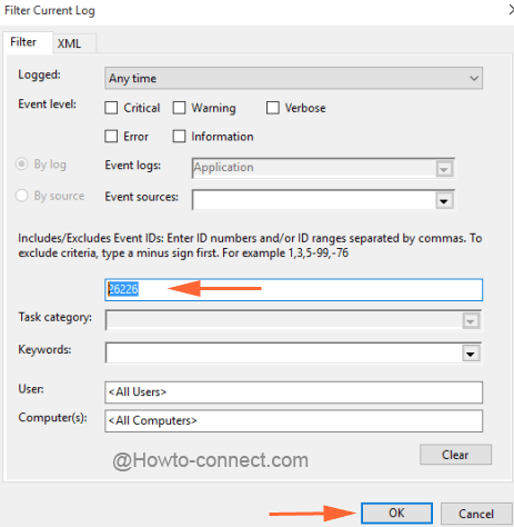 Write 26226 in the Event ID box of Windows 10 Event Viewer
