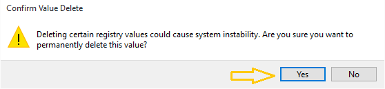 Yes button to confirm the delete