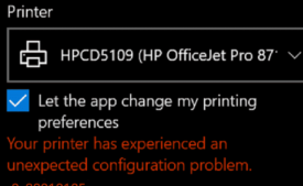 Your printer has experienced an unexpected configuration problem 0x80010105