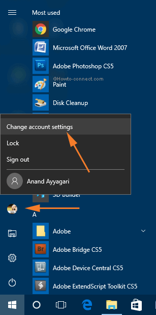 Change an Account Picture on Windows 10 through start menu
