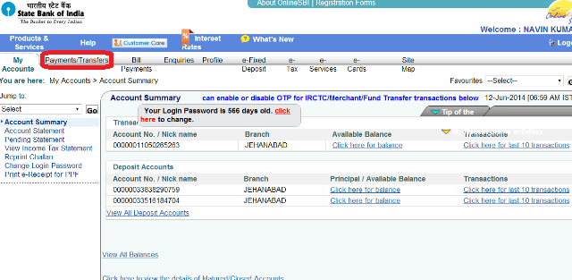 account summary How to Pay Money to SBI Account of Others Using NetBanking