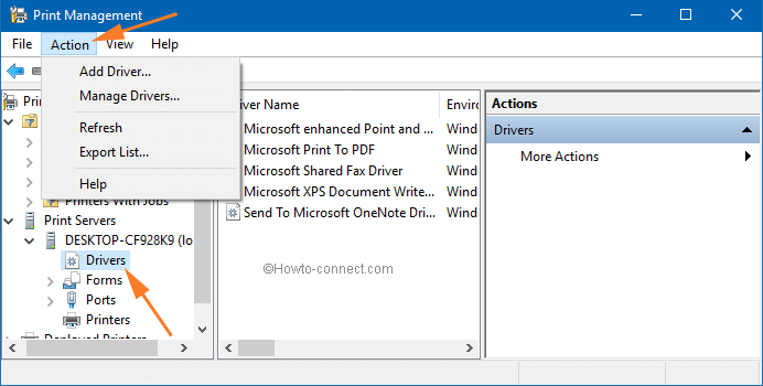 action menu manage drivers in print management
