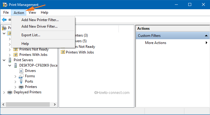 action menu on print management tool