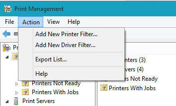 action menu on print management tool