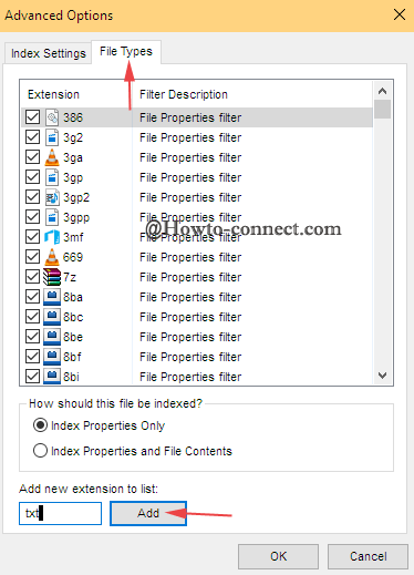 add button on file type tab in advanced options window in index