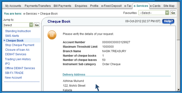 address detai verification SBI Online Banking Tips - Get Account Summary, Cheque Book