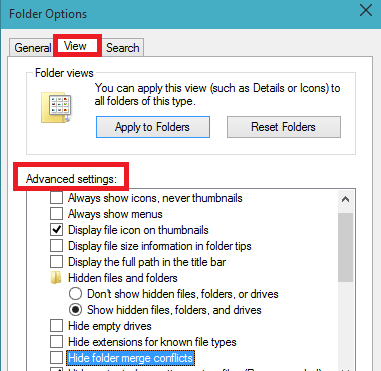 advance settings section under view tab in folder options