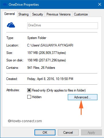 advanced button on general tab in onedrive properties dialog box
