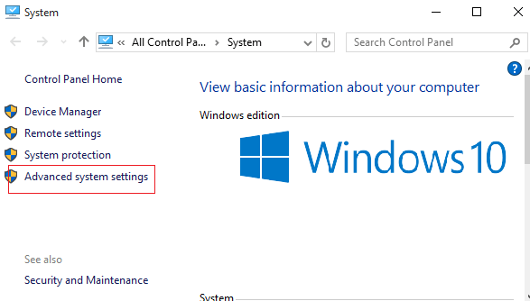 advanced system settings link on system window in windows 10
