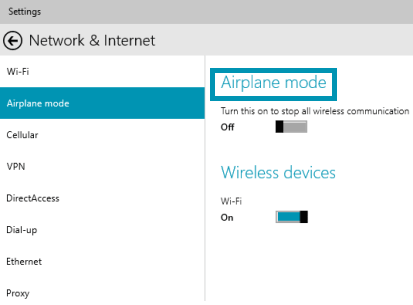 airplane mode on network and internet window