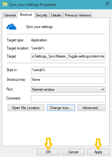 apply and ok button on sync your settings properties window