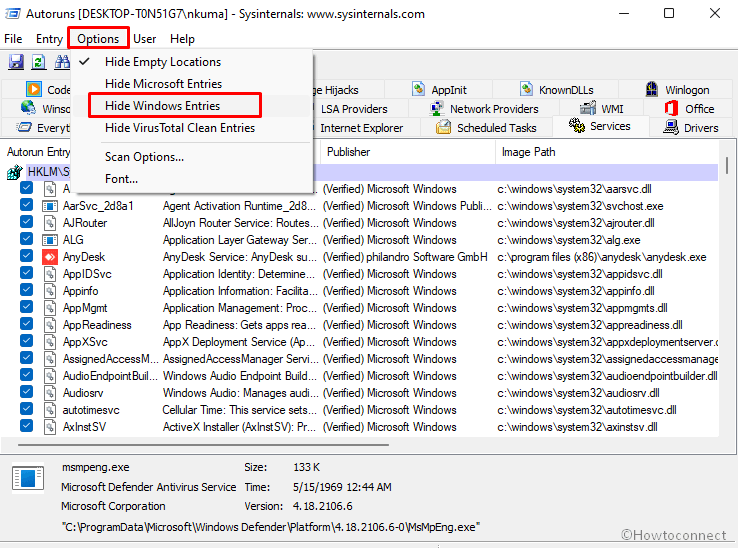 autorun hide windows entries