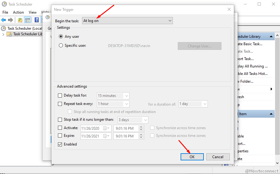 begin the task at logon