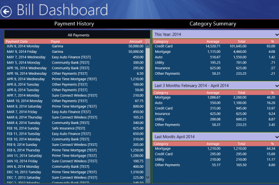 bill_history_summary Bill Dashboard Windows 8 App - Manage, Track Financial Bills