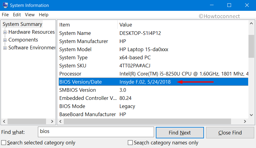 bios version in system information window