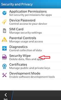 blackberry 10 security wipe option