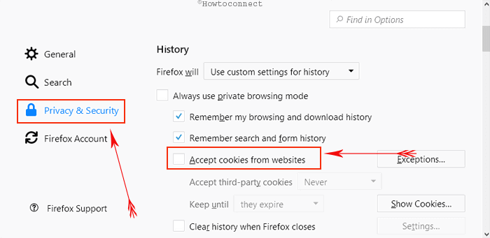 box before accept all cookies from sites