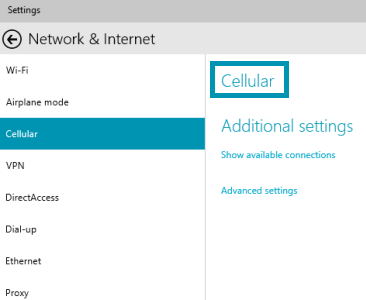 cellular option in network and internet window