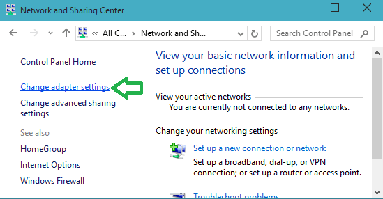 change adapter settings link in the tight sidebar