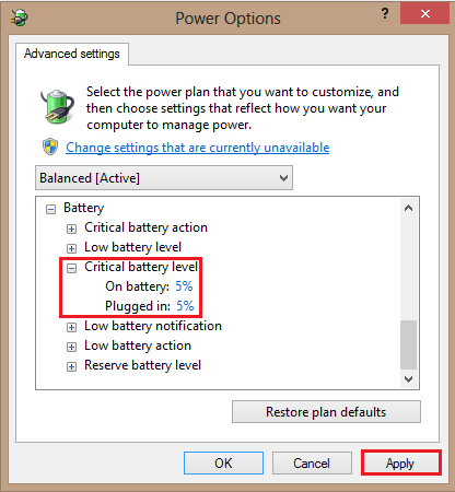 change battery level percentage on windows 8 laptop