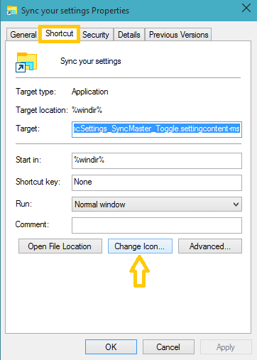change icon button on sync your settings properties window