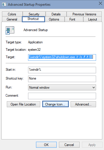 change icon button on the advance startup shortcut