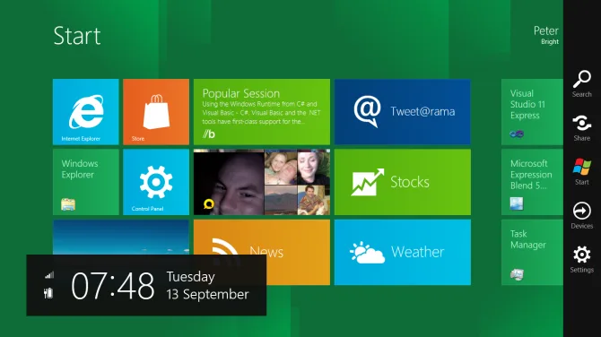 charms bar in windows 8