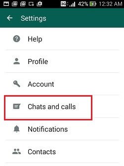 chats and call settings page whatsapp