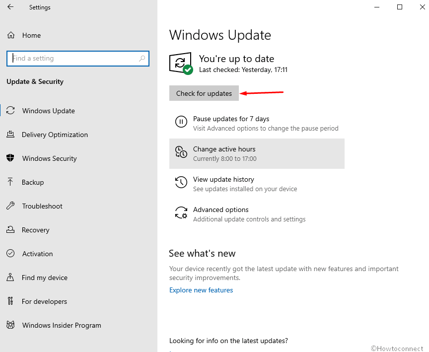 check for updates button in Windows 10