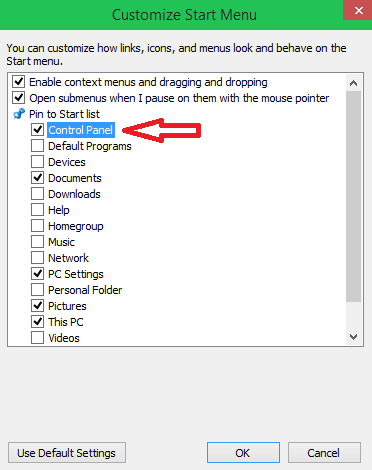 check_the_box Show / Add / Pin Control Panel to Windows 10 Start Menu