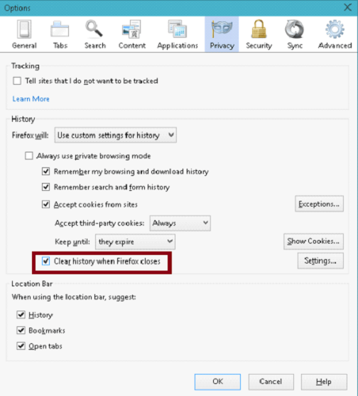 clear history when firefox closes check box clear history when firefox closes check box check box