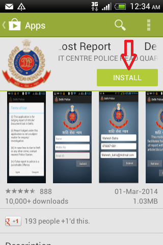 click on install button How to use Delhi Police Lost Report Android App on Phone