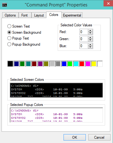 colors tab on command prompt properties window